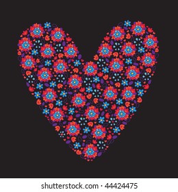 heart of flowers and hearts on a black background