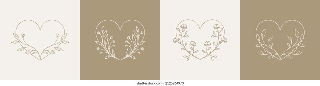 Heart with flowers and leaves. Abstract logo template in linear minimal style. Vector illustration for icon logo sticker printable and tattoo