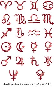 Heart flowers with leaves astrological symbols for decoration on sign of zodiac and horoscope concept.
