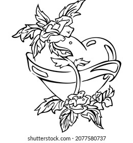 Heart in flowers and leaves with a ribbon sketch vector illustration hand draw