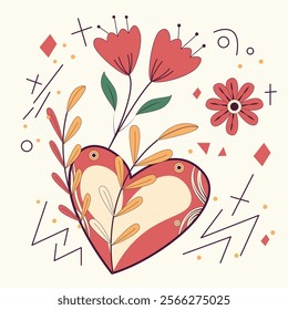 A heart with flowers and leaves surrounding it. The flowers are red and the heart is pink. The image has a whimsical and playful feel to it