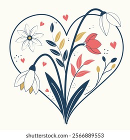 A heart with flowers and leaves surrounding it. The flowers are pink and white. The heart is surrounded by a blue border