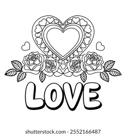 Heart with flowers line art coloring page vector illustration .