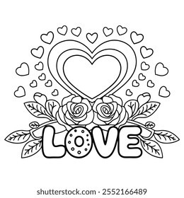 Heart with flowers line art coloring page vector illustration .