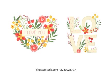 Heart with Flowers and Love Inscription for Valentines Day Vector Set