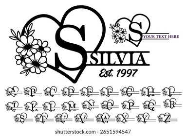 Coração Flores monograma divisão Letras conjunto A a Z, Alfabeto Monograma, Fonte Monograma para nome de família sinal vetor design  