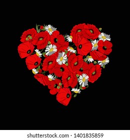 Heart of flowers on a black background. Fashion print on t-shirt, sweatshirt. Red poppies and field daisies in the shape of a heart. Template for a romantic greeting card with floral elements.
