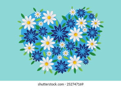 Heart of flowers on a blue background