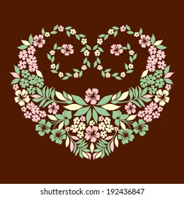 Heart of Flowers on brown background. Vector illustration.