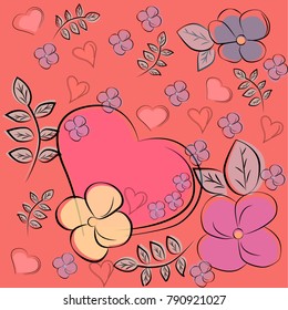 Heart and flowers on a pink background, card for the day of St. Valentine. Vector illustration.