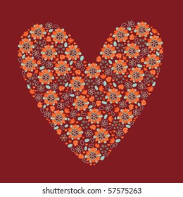 heart of flowers on a red background