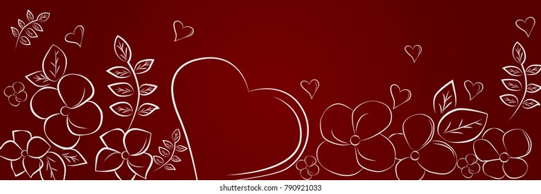 Heart and flowers on a red background, card for the day of St. Valentine. Vector illustration.