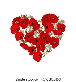 Heart of flowers on a white background. Fashion print on t-shirt, sweatshirt. Red poppies and field daisies in the shape of a heart. Template for a romantic greeting card with floral elements.