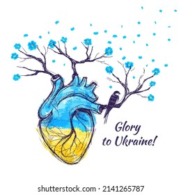Heart with flowers on a white background drawing. Bird on a branch drawing. Yellow blue flag of Ukraine, glory the Ukraine lettering on a white background.