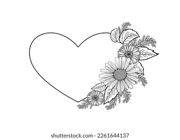 Heart and flowers on a white background. Hand drawing. Vector.