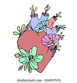 Heart with flowers on white background vector illustration.   Anatomical . Happy valentine's day card with real  typography.