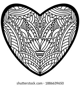 heart with flowers and ornaments painted in folk style on a white background for coloring, vector, coloring book, valentine day