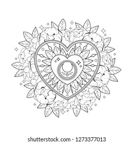 Heart in flowers. Outline drawing on a white background. Page for coloring book, greeting card, print, t-shirt, poster. Vector illustration.