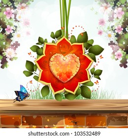 Heart with flowers over brick wall covered by wood