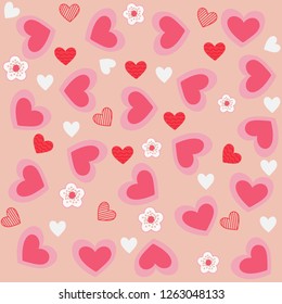 Heart and flowers  pattern, cute pattern,  hand drawn, valentines day, love, vector.