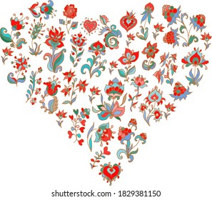 Corazón de flores, patrón para el día de San Valentín, corazón de flores, dibujo vectorial para impresión. Tarjeta como regalo corazón de flores, flores de lujo en forma de corazón