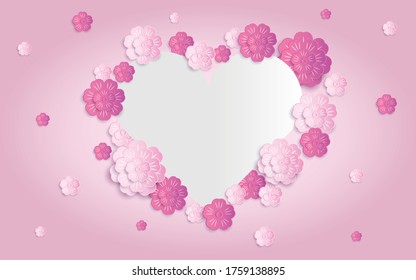 Heart & Flowers Pink Background, 3d abstract paper cut, Valentine's Day, Happy Birthday, Happy Mother's Day