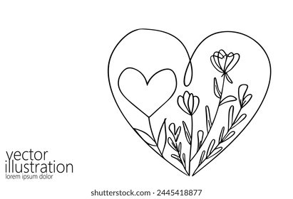 Heart with flowers single continuous line art. Romantic love date relationship couple silhouette concept design one sketch outline drawing white vector illustration