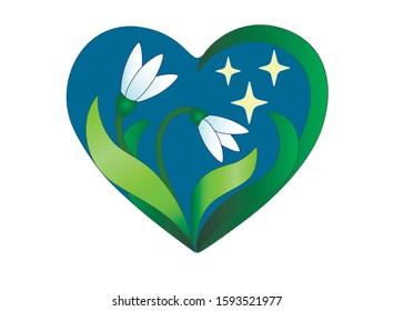 Heart with flowers of snowdrops and asterisks on a classic blue background, Valentine's or spring card, template with primroses - stock vector - love and spring in the heart.