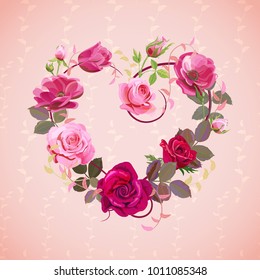 Heart of flowers. Valentine's Day card. Red, pink roses, purple anemones, green twigs, buds, leaves on vintage background. Digital draw, concept for design in watercolor style, vector