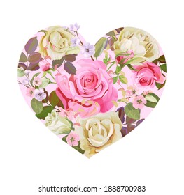 Heart of flowers. Valentine's Day card. Pink, white roses, spring blossom, buds, leaves on white background. Digital draw, design concept, watercolor style, vector