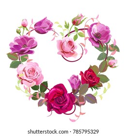 Heart of flowers. Valentine's Day card. Red, pink roses, purple anemones, green twigs, buds, leaves on white background. Digital draw, concept for design in watercolor style, vector