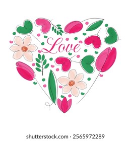 Heart of flowers. Valentine's Day. Color vector illustration with the image of a heart in the form of flowers with the inscription Love. For decorating postcards, posters, gifts.