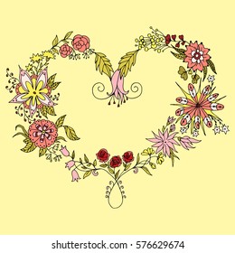 Heart of flowers. Vector illustration hand drawn colorful love