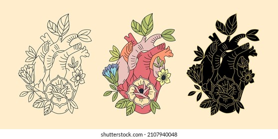 Heart with flowers vector illustration in linear, colored, and black and gold. Tattoo, t-shirt, poster, Valentine card templates. Blooming heart aesthetic.