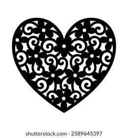 Heart flowers vector silhouette. Paper cut template. Valentine's Day. For card, wedding invitations, banner. Decorative holiday symbol. For laser, plotter cutting, printing on t shirt, wood carving.