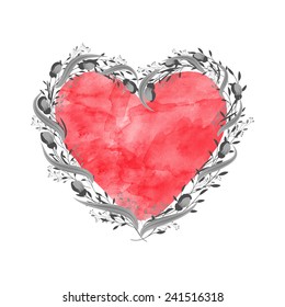 Heart from Flowers.  Vector watercolor background. Floral romantic frame. Vintage. Place for text. Invitation. Valentines day.