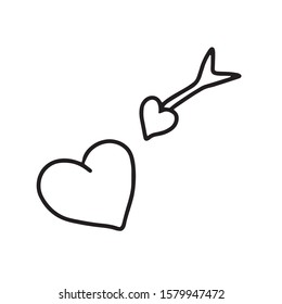To the heart of the flying arrow. Hand drawn isolated on white background.Design for greeting card, banner, coloring.holiday