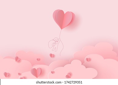 Heart flying balloon with drawing Santa Claus on pink background. Vector love postcard for Happy Valentine Day or Merry Christmas greeting card design. Paper flying elements of love shape of heart 