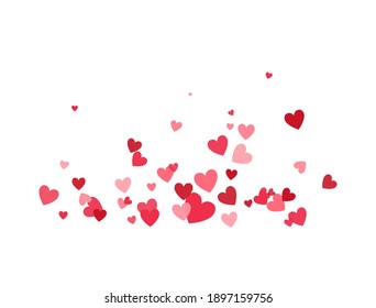 Heart flying composition. Celebration backdrop. Bright hearts confetti falling on white background. Valentines Day banner for greeting cards, wedding invitation, gift packages. Vector illustration.