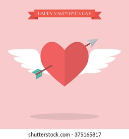 Heart Flying With Cupid Arrow. Happy Valentine's Day