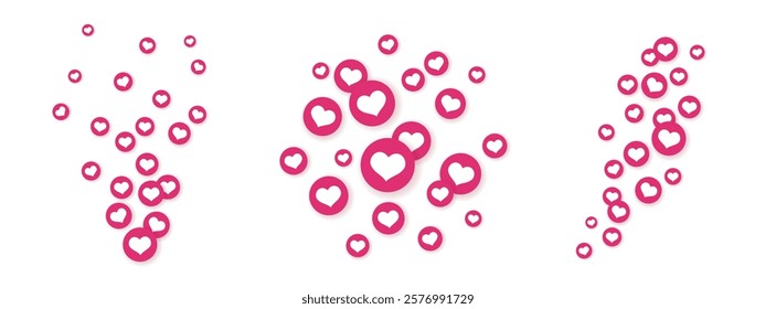 Heart flying icon set for live streaming or stories. Like backgrounds advertising. Social media reaction concept. Flat vector illustration isolated on white