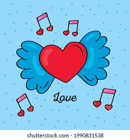 heart flying and musical notes