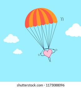 Heart flying on parachute. Vector concept illustration of freedom of inventive and creative heart and soul | flat design linear infographic icon on blue background