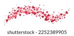 Heart flying wave composition. Red paper hearts falling confetti background. Valentines Day banner for greeting card, wedding invitation, gift packages. Celebration backdrop. Vector illustration.