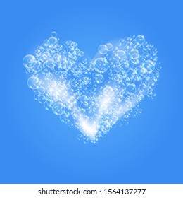 Heart of foam soap with bubbles isolated vector illustration on blue background. Heart of soap foam lather vector illustration