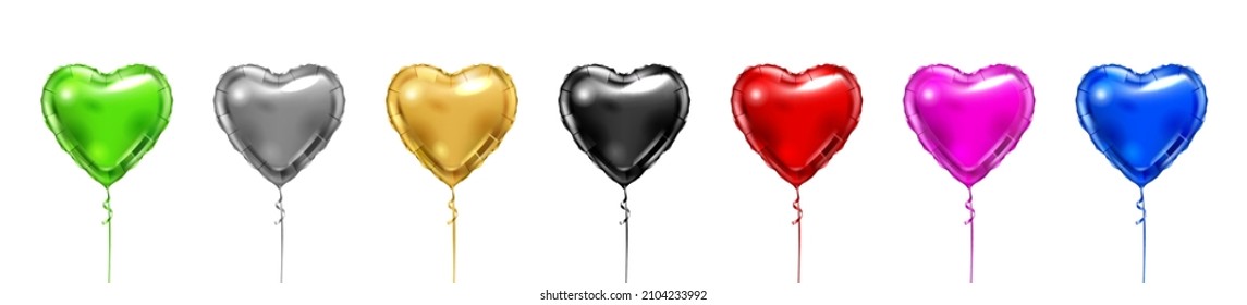 Heart foil balloon in different colors. Golden, silver and red vector heart shape air balloons set. Valentine day or birthday party decoration elements.