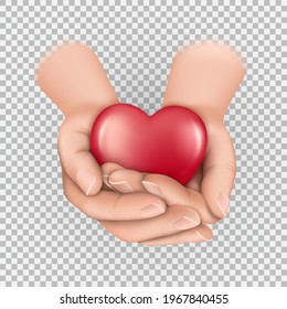 Heart in folded palms. Banner for World Heart Day. Valentine's day.Isolated on transparent background vector illustration.