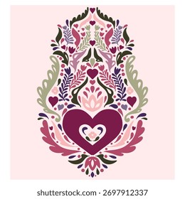 Coração. Padrão de estilo popular, simétrico, elemento vetorial detalhado. Rústico, estilo escandinavo, pintura popular.