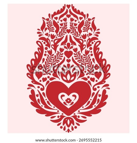 Heart. Folk-style pattern, symmetrical, detailed vector element. Rustic, Scandinavian style, folk painting.