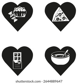 Heart food icon. Food love symbol. Vector slice design. Black background shape.